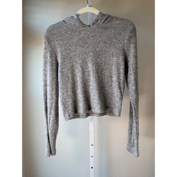 Frankee Skylarr Tops - Frankee Skylarr Ribbed Knit Hoodie Cropped Long Sleeve Gray XL